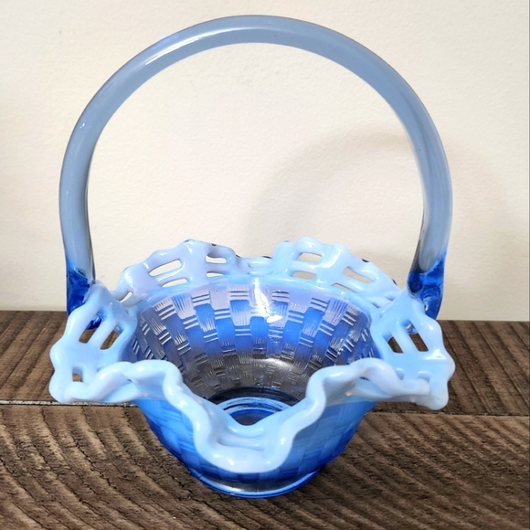 Fenton Opalescent Blue Glass Basket with Handle Basket Weave Bowl Collectible - Picture 1 of 11